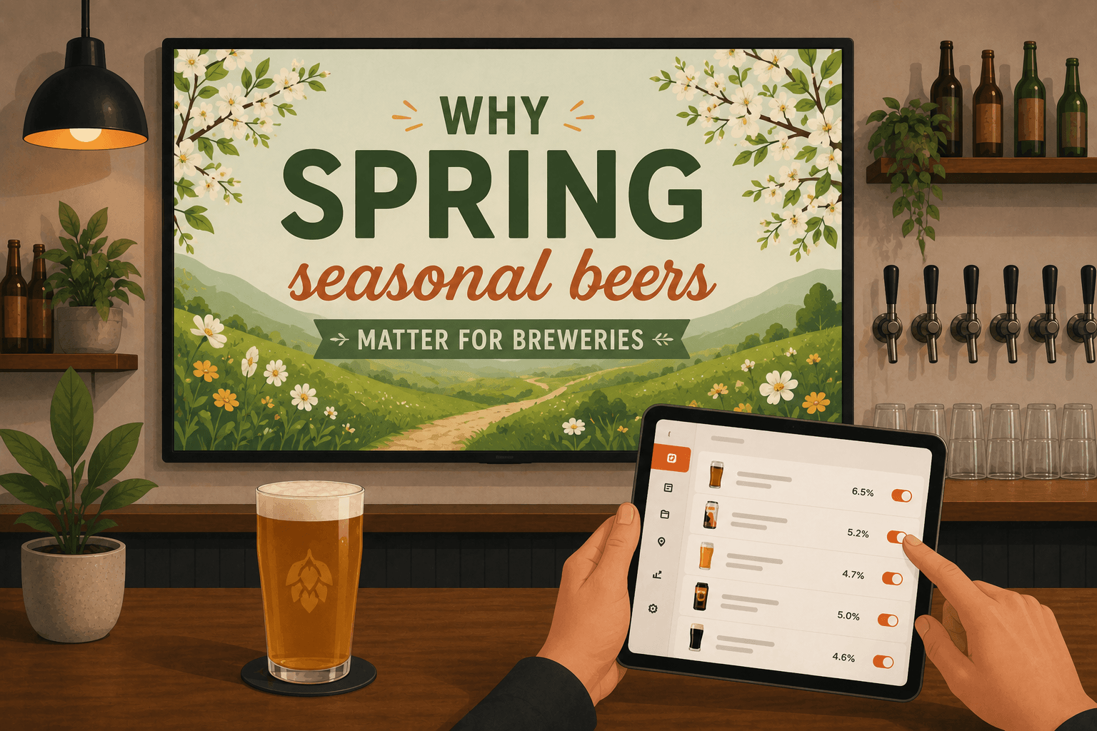 Spring seasonal beers shown on a live digital tap list in a brewery taproom