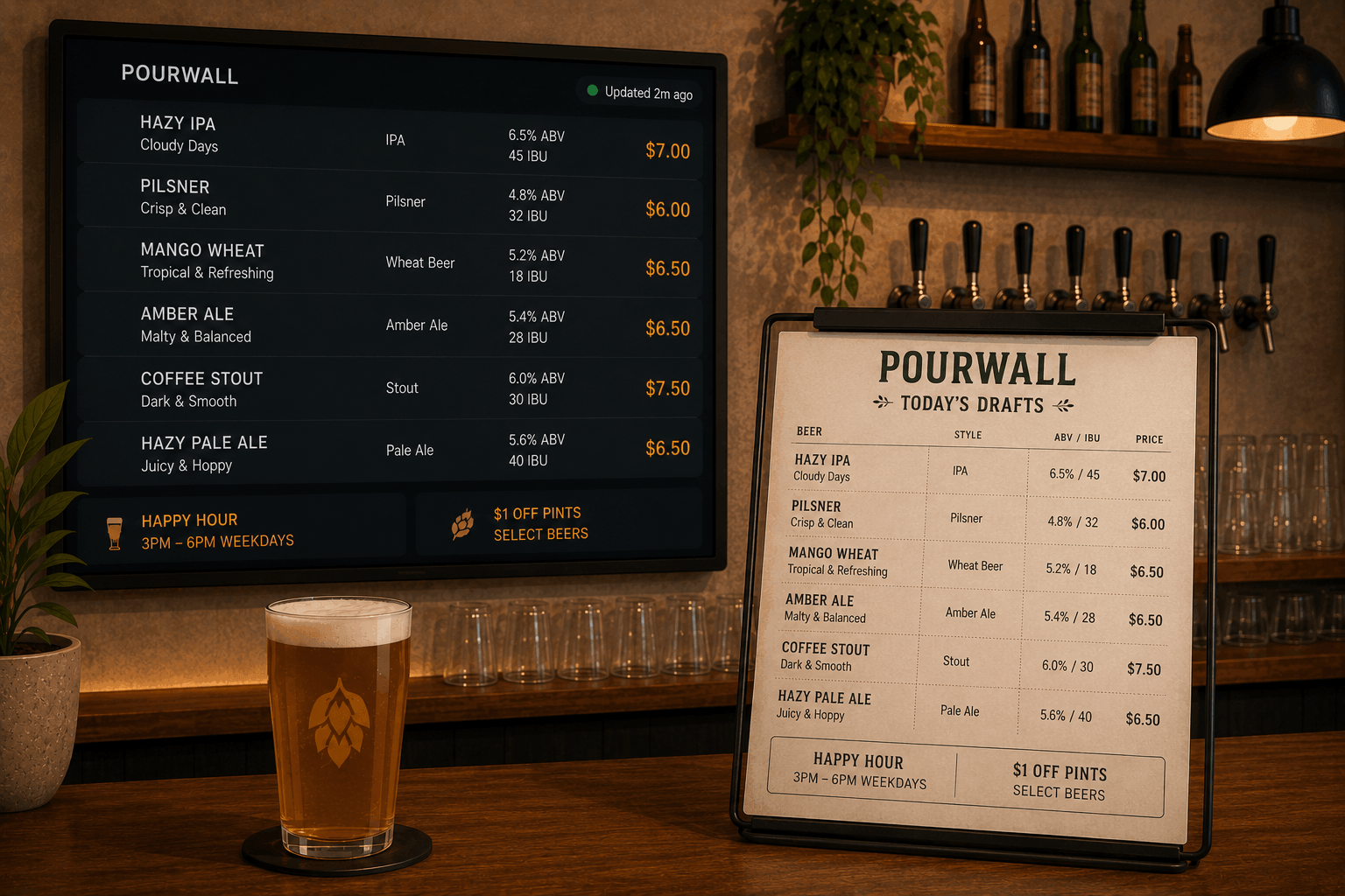 Pourwall digital beer menu displayed beside a matching printed tap list at a bar
