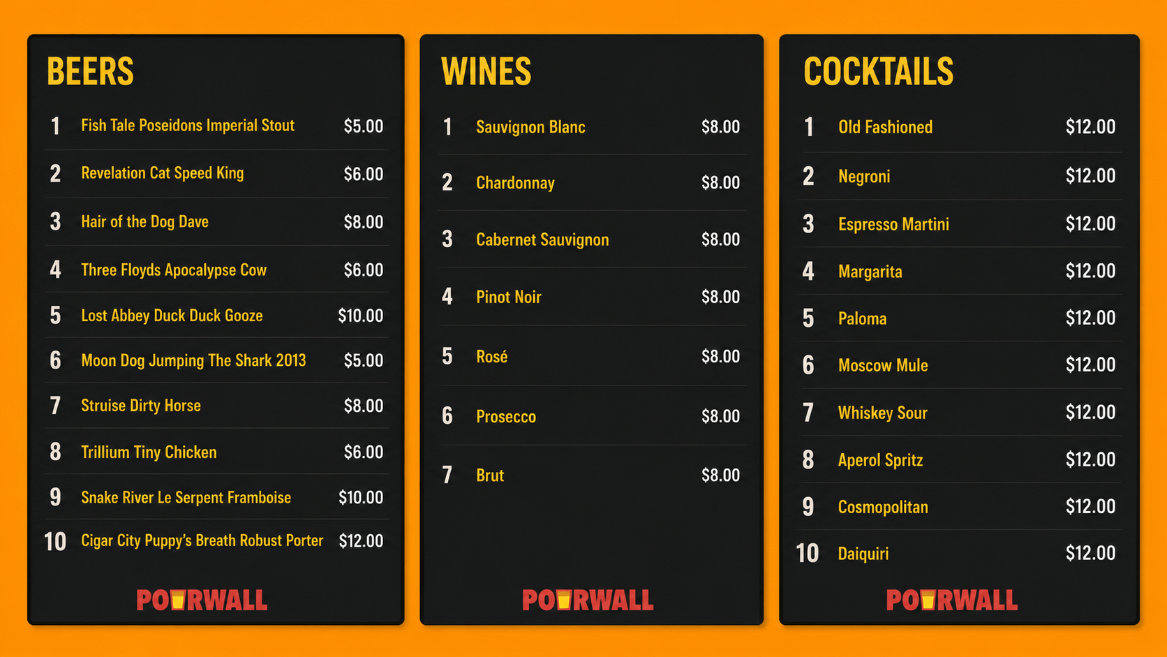 Three Pourwall menu screens showing beer, wine, and cocktail lists side by side