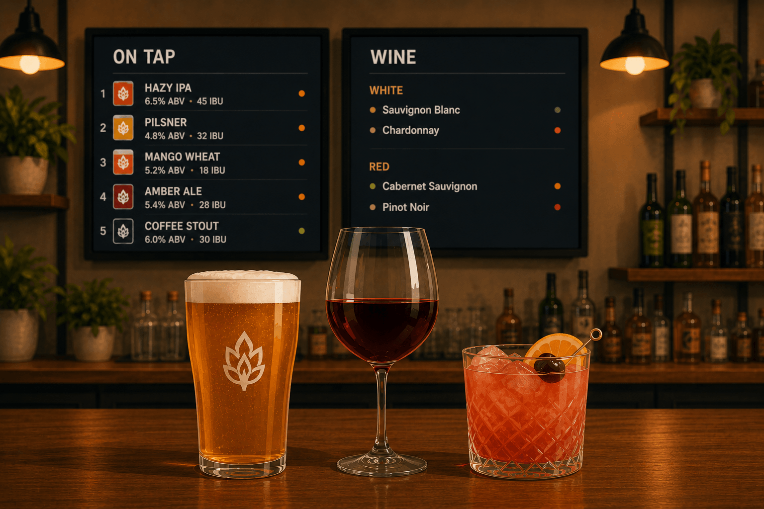Beer, wine, and cocktail menus displayed on Pourwall screens behind a bar