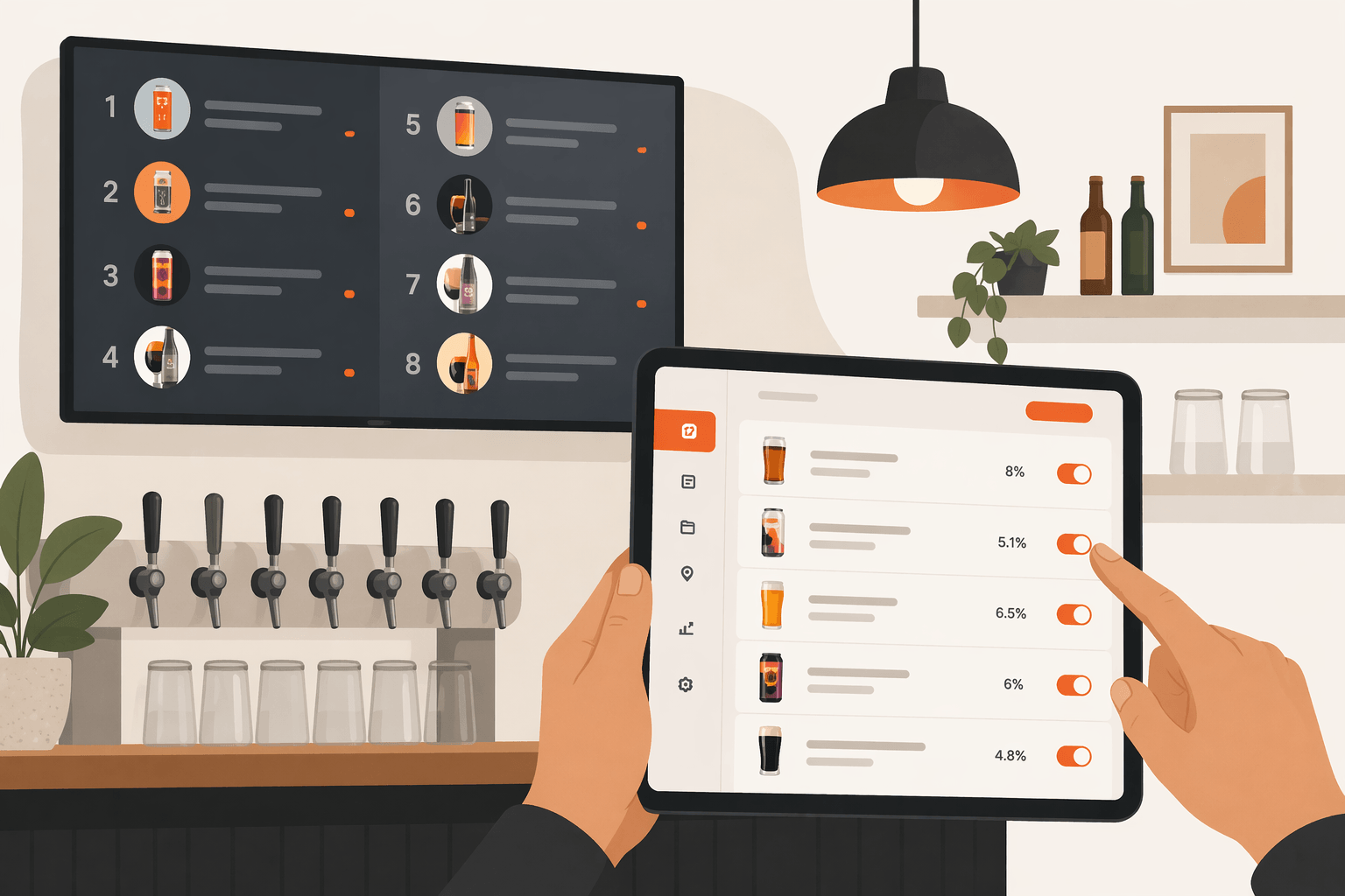 Tablet controls a Pourwall tap list while a bar TV displays the same live menu