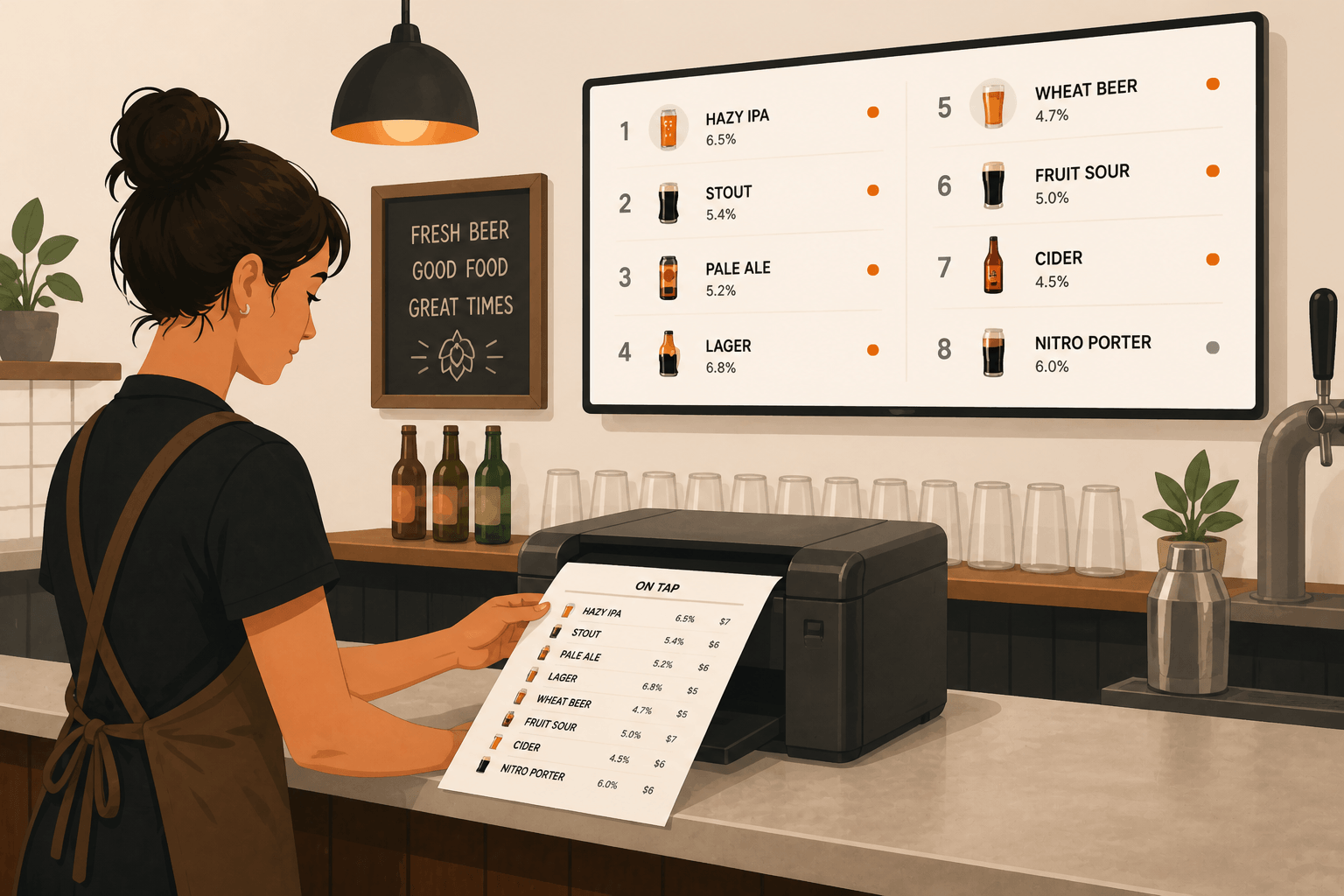 Bartender printing a paper tap list while a Pourwall digital menu screen stays in sync