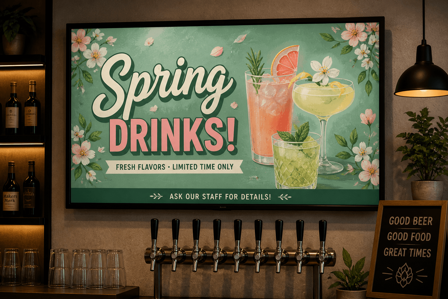 Digital bar menu promoting spring drinks and limited-time offers on a Pourwall screen
