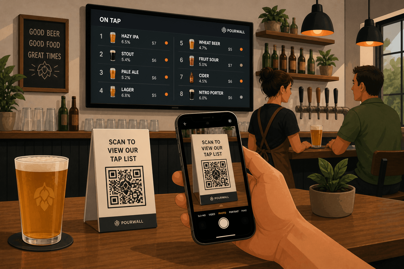 Customer scanning a Pourwall QR code menu in a bar with a digital tap list on the TV