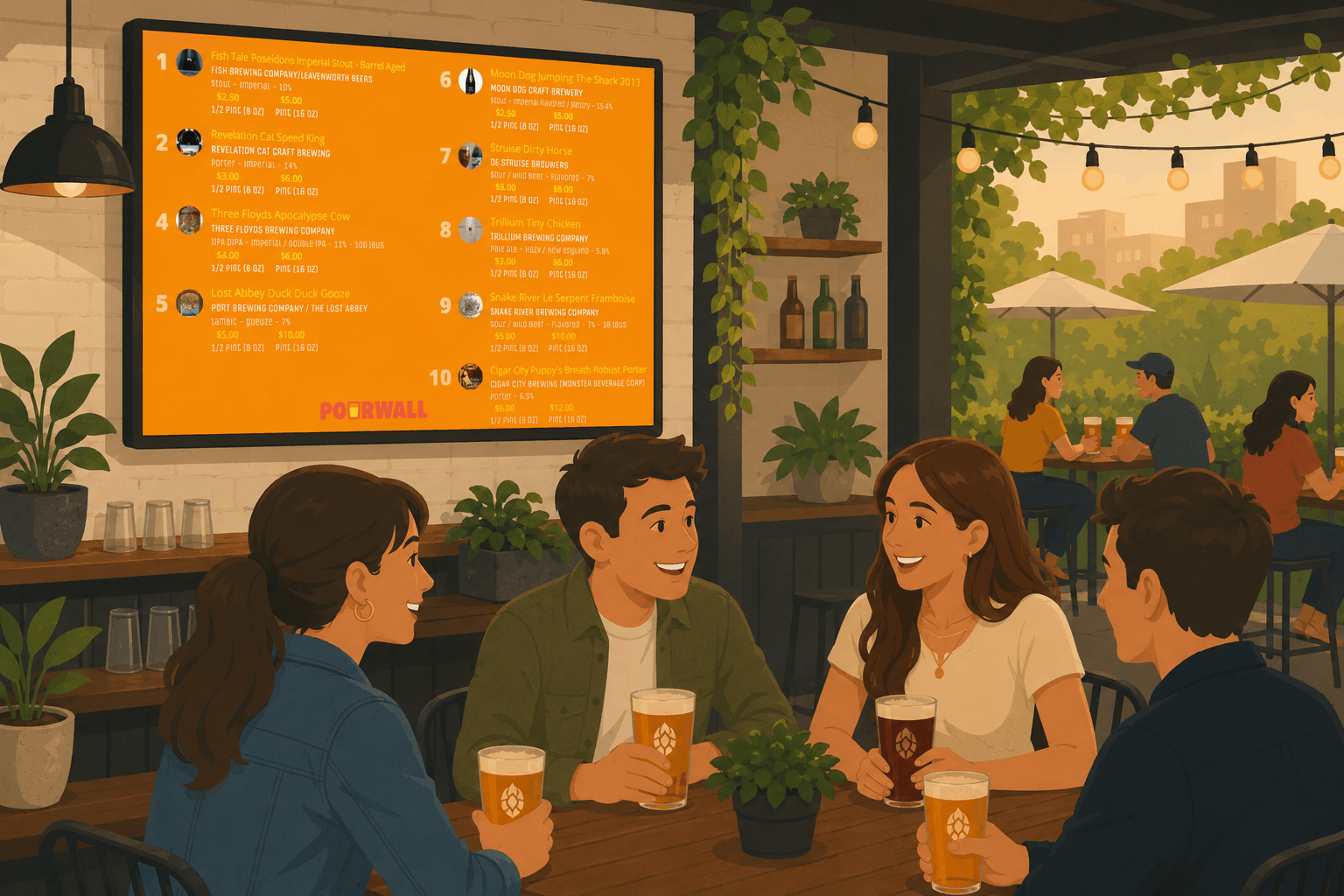 Guests drinking beer at a bar with a Pourwall digital menu board and patio seating nearby