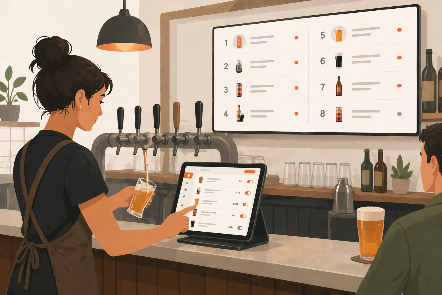 Bartender updating a live tap list on a tablet while the bar screen reflects the same menu